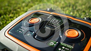 A detailed shot of the robotic lawn mowers control panel with various buttons and settings for customization photo