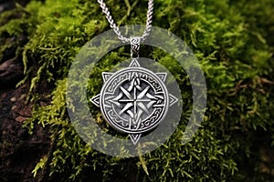a detailed shot of a silver celtic knotwork amulet on green moss