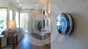 Detailed shot of a smart thermostat set on an eco-friendly setting, focusing on the digital display and minimalist