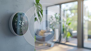 Detailed shot of a smart thermostat set on an eco-friendly setting, focusing on the digital display and minimalist
