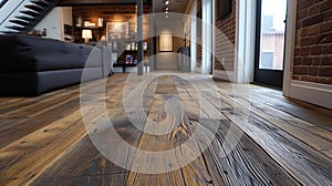 A detailed shot of the stunning reclaimed oak hardwood flooring adding warmth and character to this ecoconscious photo