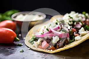 detailed shot of a taco with crumbled queso fresco