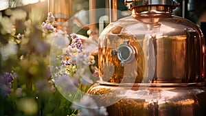 Detailed shot of a towering distillation apparatus