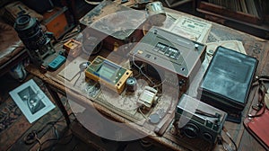 A detailed shot of a vintage ghost hunting equipment setup, including EMF meters and infrared cameras, laid out on an