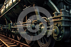 detailed shot of vintage train wheels and undercarriage