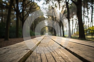 Close up Top Table Wooden Textute Perspective On Bokeh Tree Blur Background photo