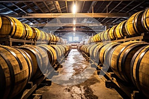 detailed shot of wooden whiskey casks in a maturation warehouse