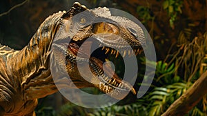 Detailed side view photograph of a lifelike dinosaur model in a simulated jungle environment