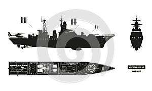 Detailed silhouette of military ship. Top, front and side view. Battleship model. Warship in flat style photo