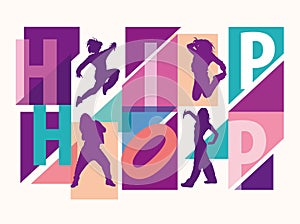 Detailed silhouettes of girls dancing among hip hop lettering photo