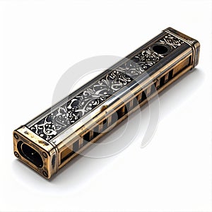 Detailed Silver and Gold Harmonica on White Background Close Up