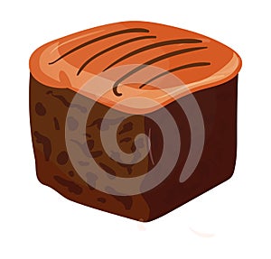 Detailed single piece of chocolate cake vector illustration. Delicious dessert with icing and realistic texture