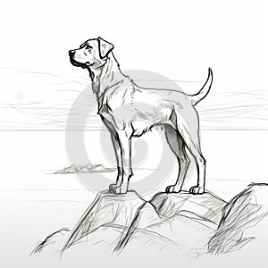 Detailed Sketch Of Dog On Rock: High Detail, Flat Brushwork, Romantic Style