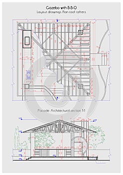 Detailed sketch of garden alcove arrangement, two dimensional outline illustration