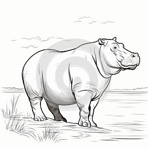 Detailed Sketch Of Hippo Standing On Shore In Comic Art Style photo