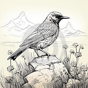 Detailed Sketch Of Starling On Moss: Monochromatic Line Art Illustration