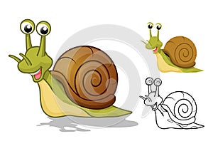 Detailed Snail Cartoon Character with Flat Design and Line Art Black and White Version