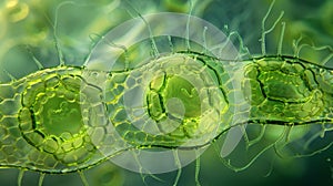 A detailed snapshot of a euglenoid undergoing photosynthesis with a green chloroplast visible within its cell body. .