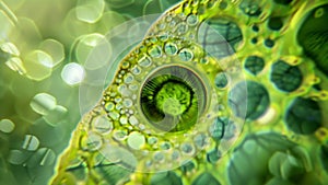 A detailed snapshot of a euglenoid undergoing photosynthesis with a green chloroplast visible within its cell body. . AI