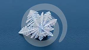 A detailed snowflake pattern on a smooth dark blue background