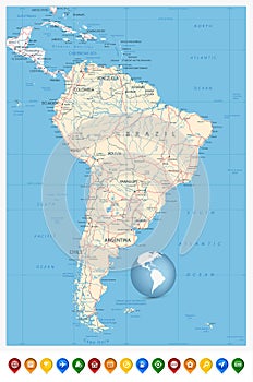 Detailed South America Map and location pin icons