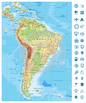 Detailed South America Physical Map and navigation icons