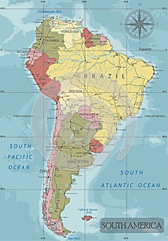 Detailed South America Political map in Mercator projection. Clearly labeled.