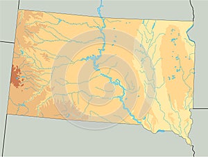 Detailed South Dakota physical map.