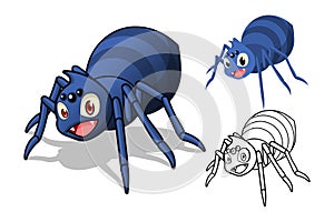 Detailed Spider Cartoon Character with Flat Design and Line Art Black and White Version