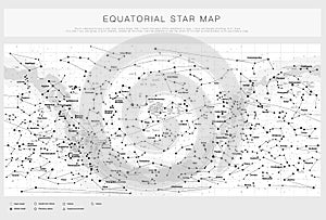 Detailed star map with names of stars, contellations and Messier objects, black and white vector photo