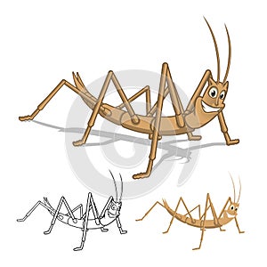 Detailed Stick Insect Cartoon Character with Flat Design and Line Art Black and White Version