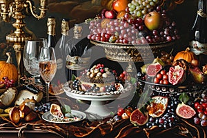 A detailed still life painting capturing a table adorned with a colourful assortment of fresh fruit and bottles of wine, Vivid