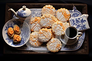 Detailed Stilllife flower tea cookies. Generate Ai photo