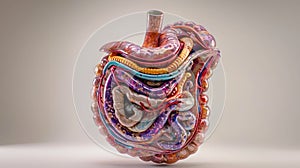 Detailed stomach anatomy in bright colors, illustrating mucosa to muscularis layers photo