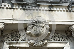 Detailed stone carving above entrance