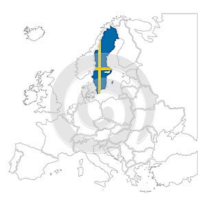 Detailed Sweden silhouette with national flag on contour europe map on white