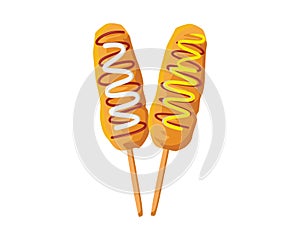 Detailed Tasty a Couple of Corn Dog with Mustard, Mayonnaise and Ketchup Illustration