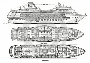 Detailed technical drawing of a cruise ship, featuring a side elevation view and two