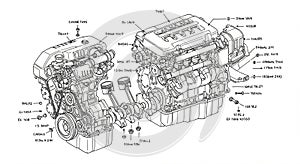 Detailed technical drawing of an internal combustion engine, showcasing pistons,