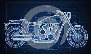 Detailed technical drawing of motorcycle showcased in a blueprint. Creating using generative AI tools