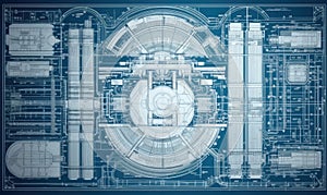 Detailed technical drawing of a nuclear power plant showcased in a blueprint Creating using generative AI tools