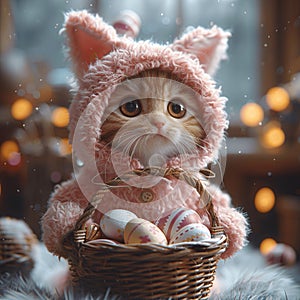 Detailed texture on cat wearing a playful rabbit suit.