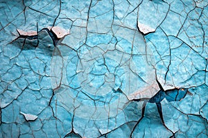 Detailed texture of cracked and peeling blue paint on the wall