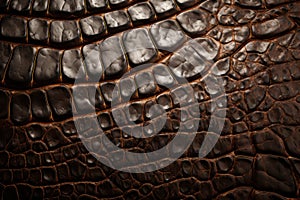 Detailed texture of crocodile or snake skin. Brown reptile scales. Macro. Alligator, cobra, python leather. Large scales