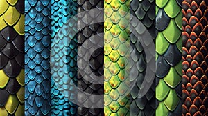 Detailed textures of dragon skin and reptile scales for game backgrounds. Blue, black, green, yellow, and red seamless