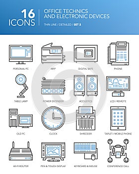 Detailed thin line icons. Office technics and electronic devices. photo