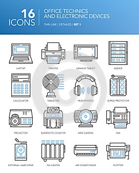 Detailed thin white line icons - Office technics and electronic devices.
