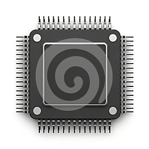 Close up of a black microprocessor with many pins
