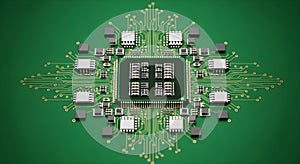 Close-up of a complex integrated circuit on a green motherboard, symbolizing advanced technology and innovation.