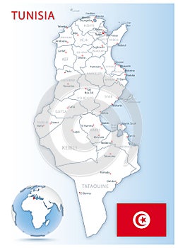 Detailed Tunisia administrative map with country flag and location on a blue globe